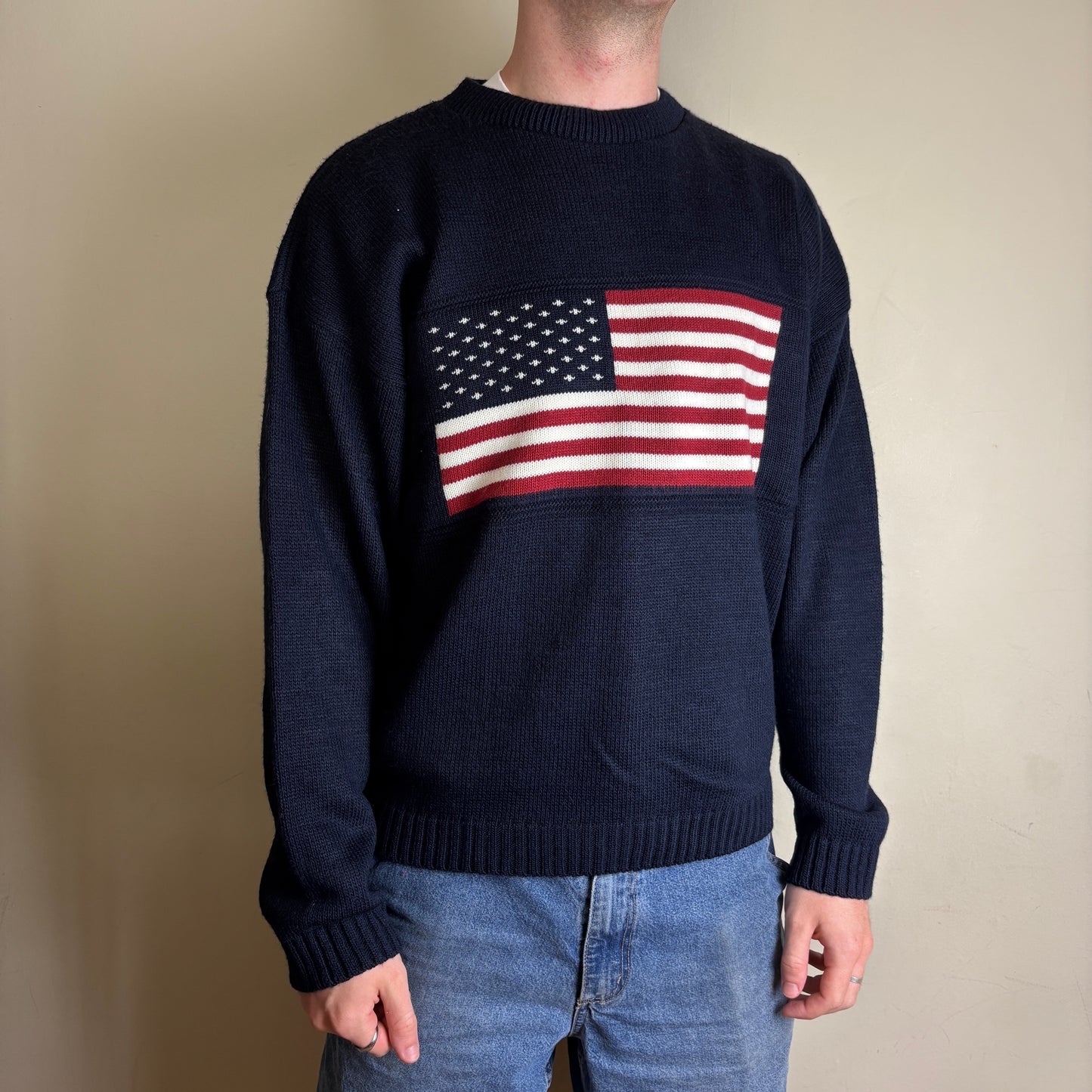 Vintage Faded Glory USA Flag Navy Chunky Knit Jumper - L