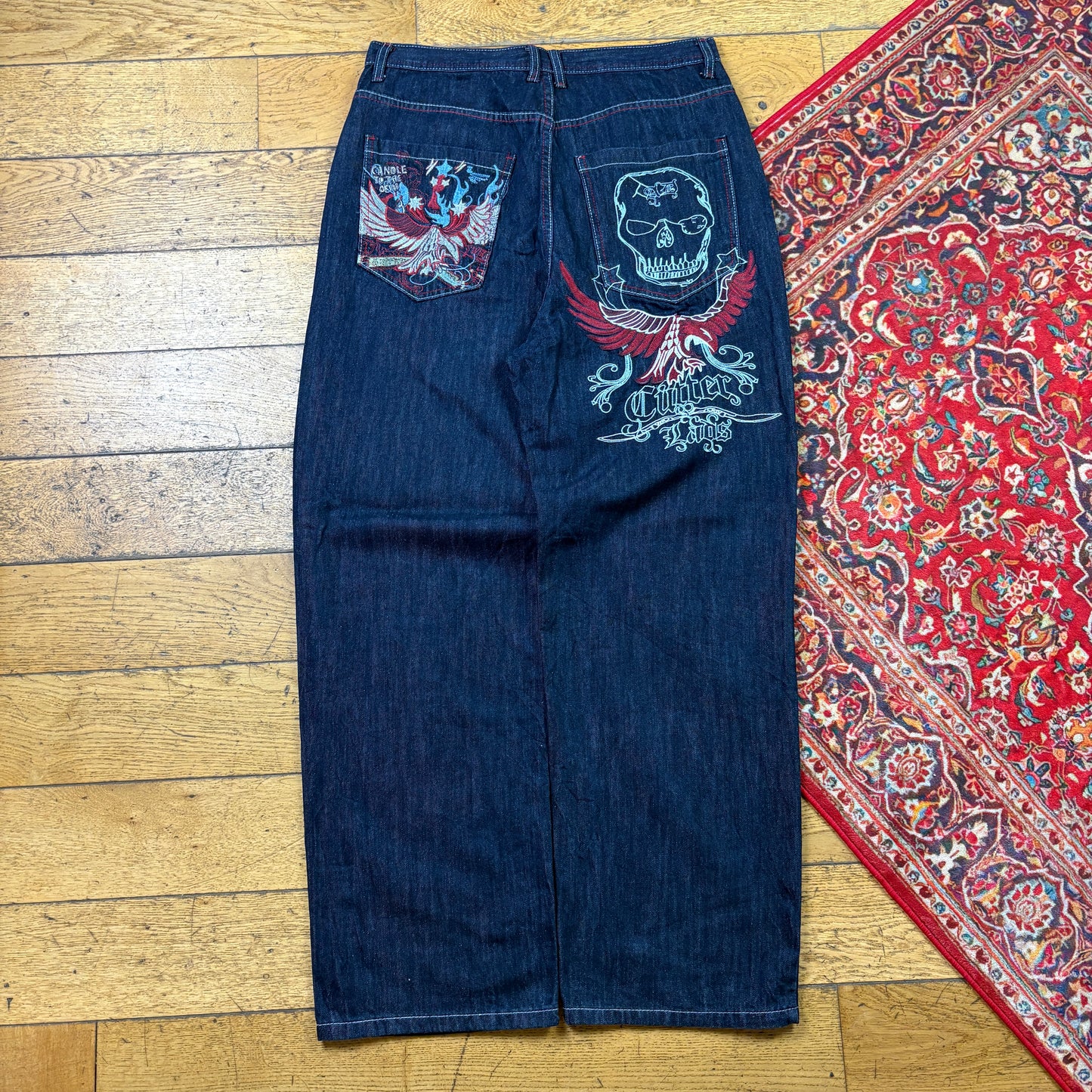 Vintage Blue Skull Embroidered Y2K Hip Hop Baggy Jeans - 34