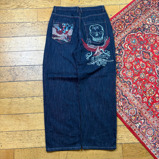 Vintage Blue Skull Embroidered Y2K Hip Hop Baggy Jeans - 34