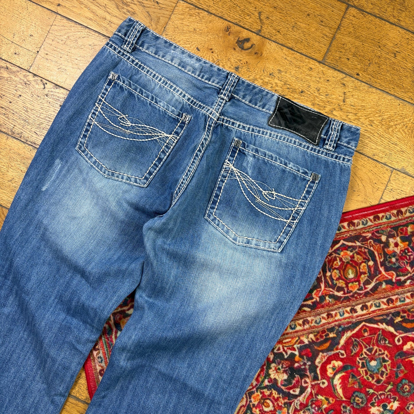 Vintage Bootcut Blue Embroidered Y2K Hip Hop Baggy Jeans - 38