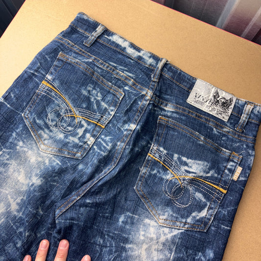 Embroidered Blue Acid Wash Grunge Japanese Denim Hip Hop Y2K Baggy Jeans - 32R