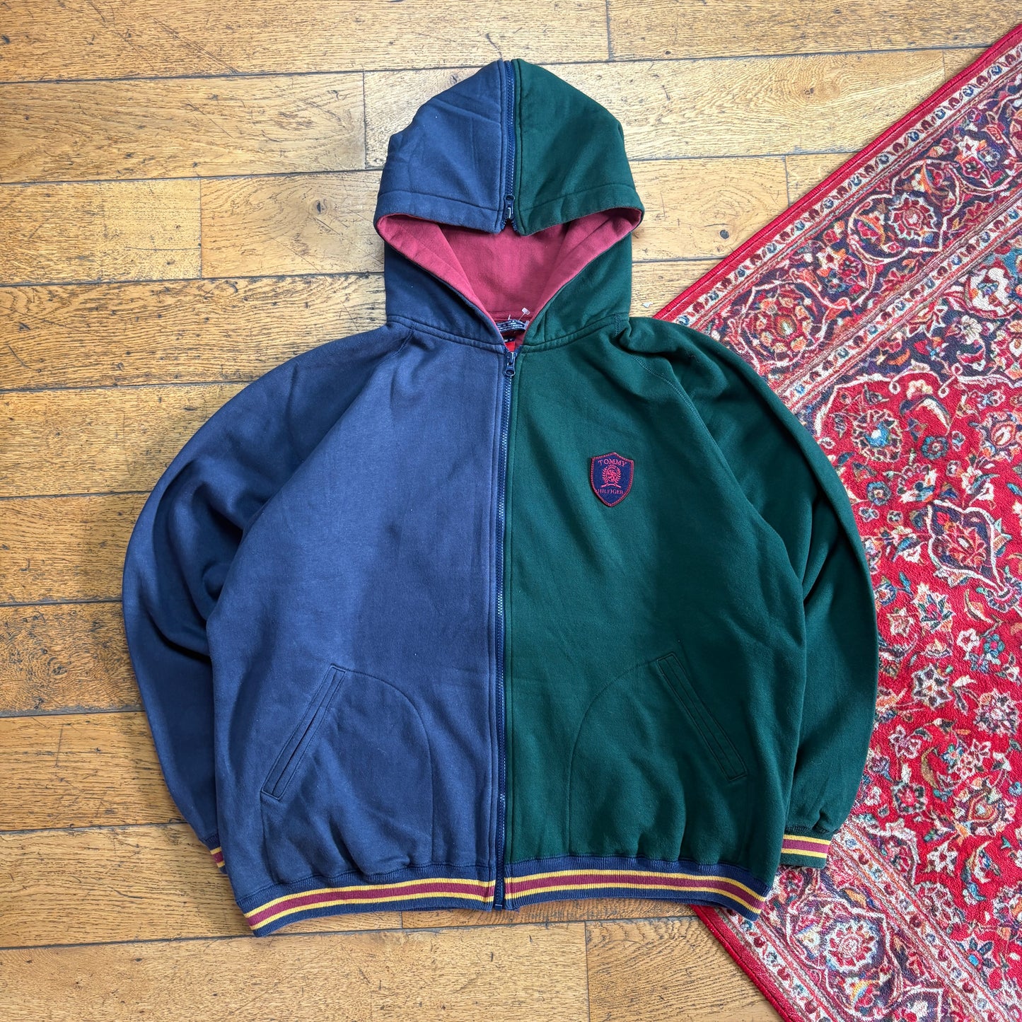 Vintage Tommy Hilfiger Navy Green Zip Hoodie Embroidered Sweatshirt - XL