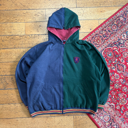 Vintage Tommy Hilfiger Navy Green Zip Hoodie Embroidered Sweatshirt - XL