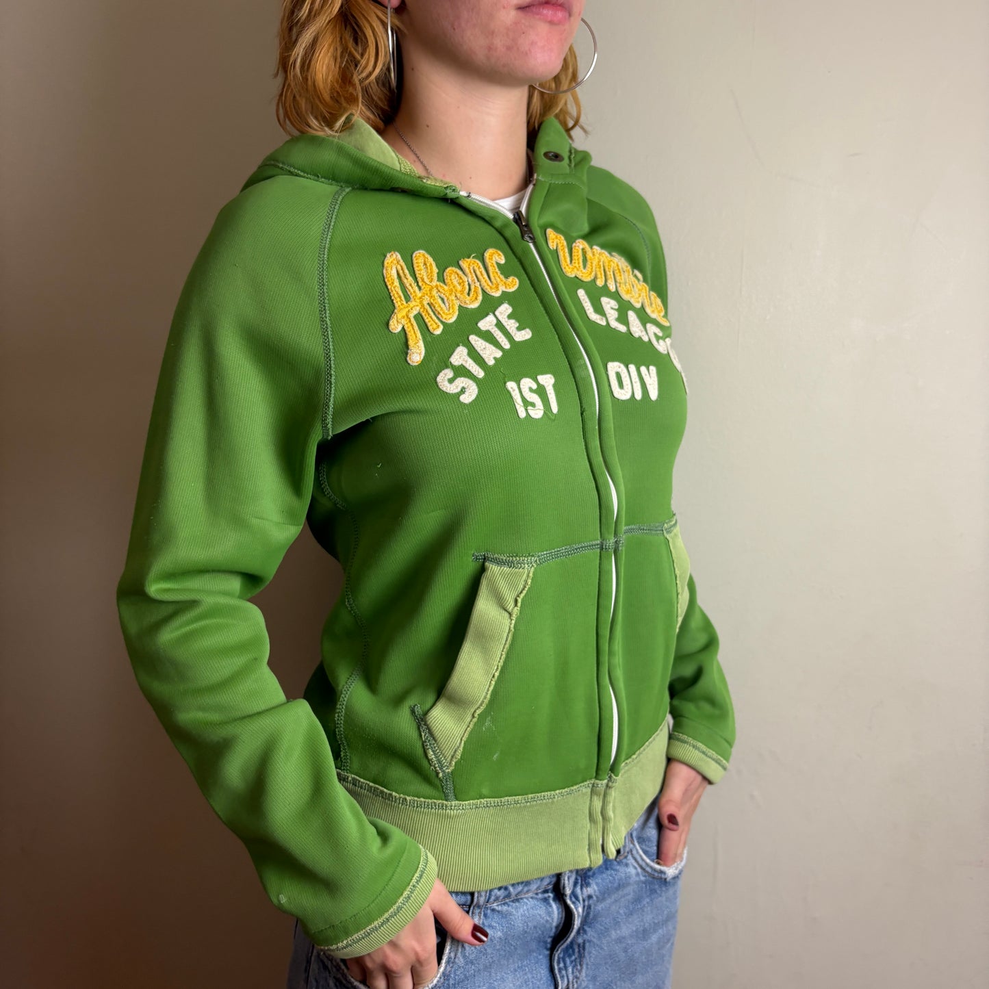 Vintage Abercrombie and Fitch Green Zip Hoodie Embroidered Sweatshirt - M