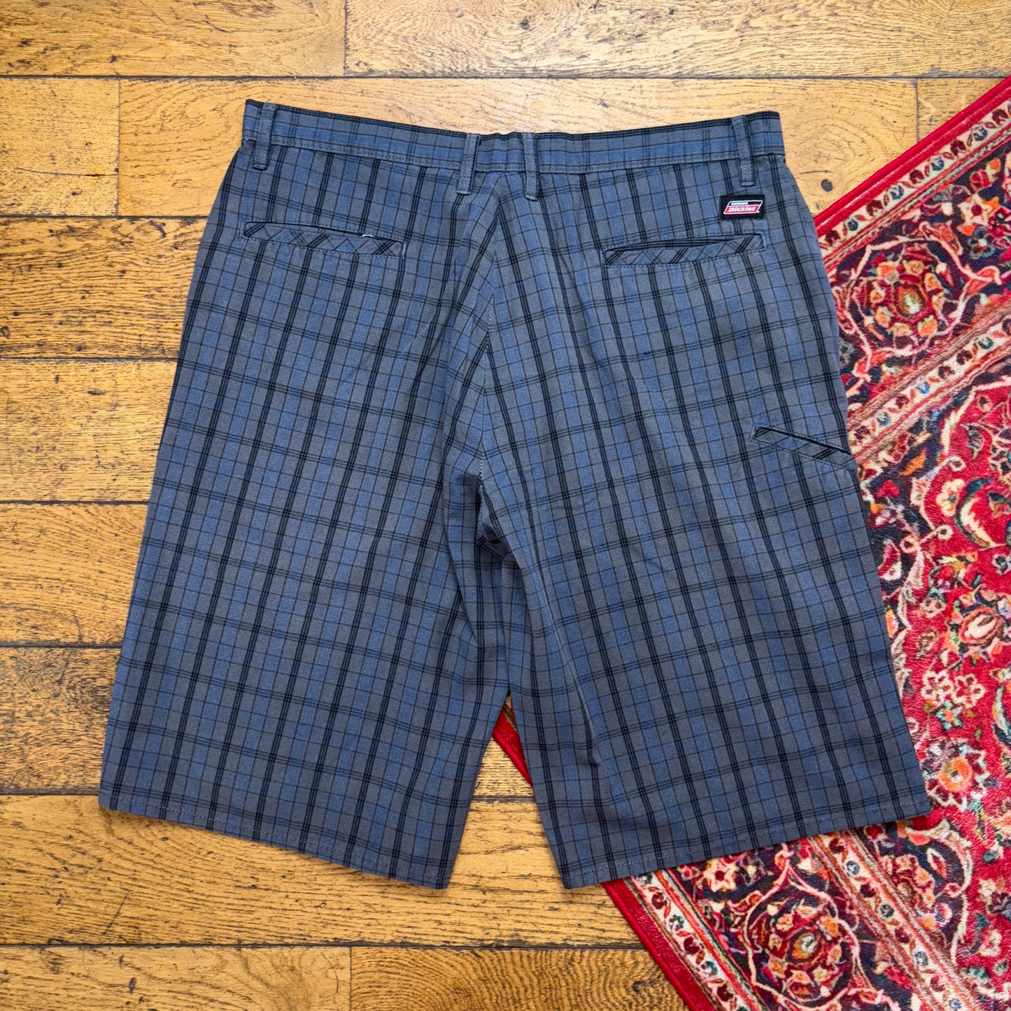 Vintage Dickies Grey Blue Check Plaid Workwear Carpenter Baggy Shorts - 38