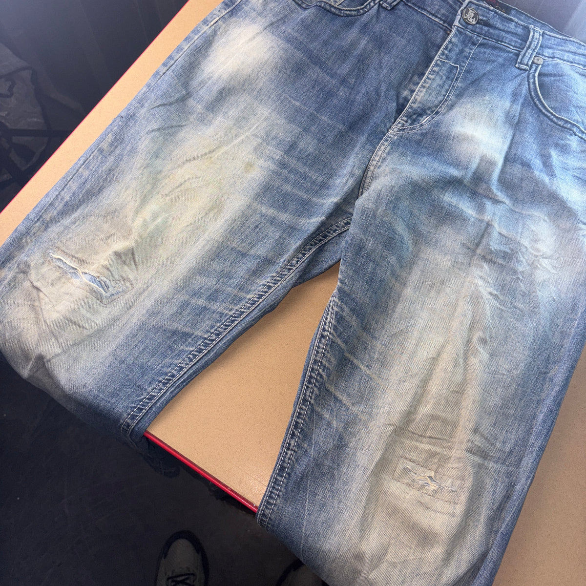Embroidered Oniarai Blue Grunge Japanese Denim Hip Hop Y2K Baggy Jeans - 34S