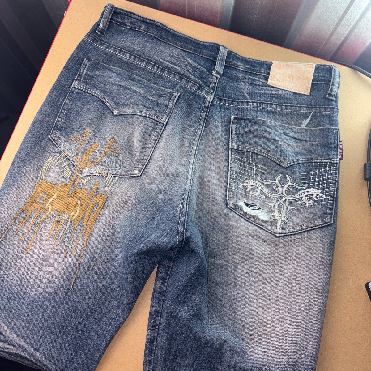 Embroidered Blue Cross Grunge Japanese Denim Hip Hop Y2K Baggy Jeans - 32S