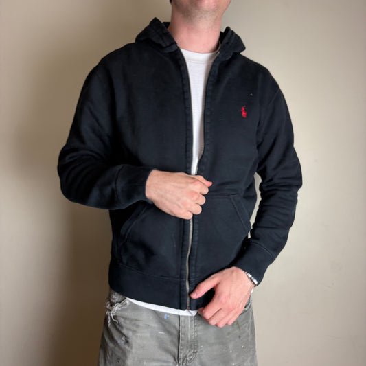 Vintage Ralph Lauren Black Zip Hoodie Embroidered Sweatshirt - M