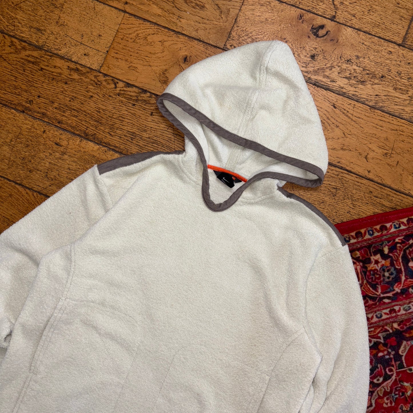 Vintage Nike 00s Cream Fleece Hoodie Y2K Embroidered Sweatshirt - S