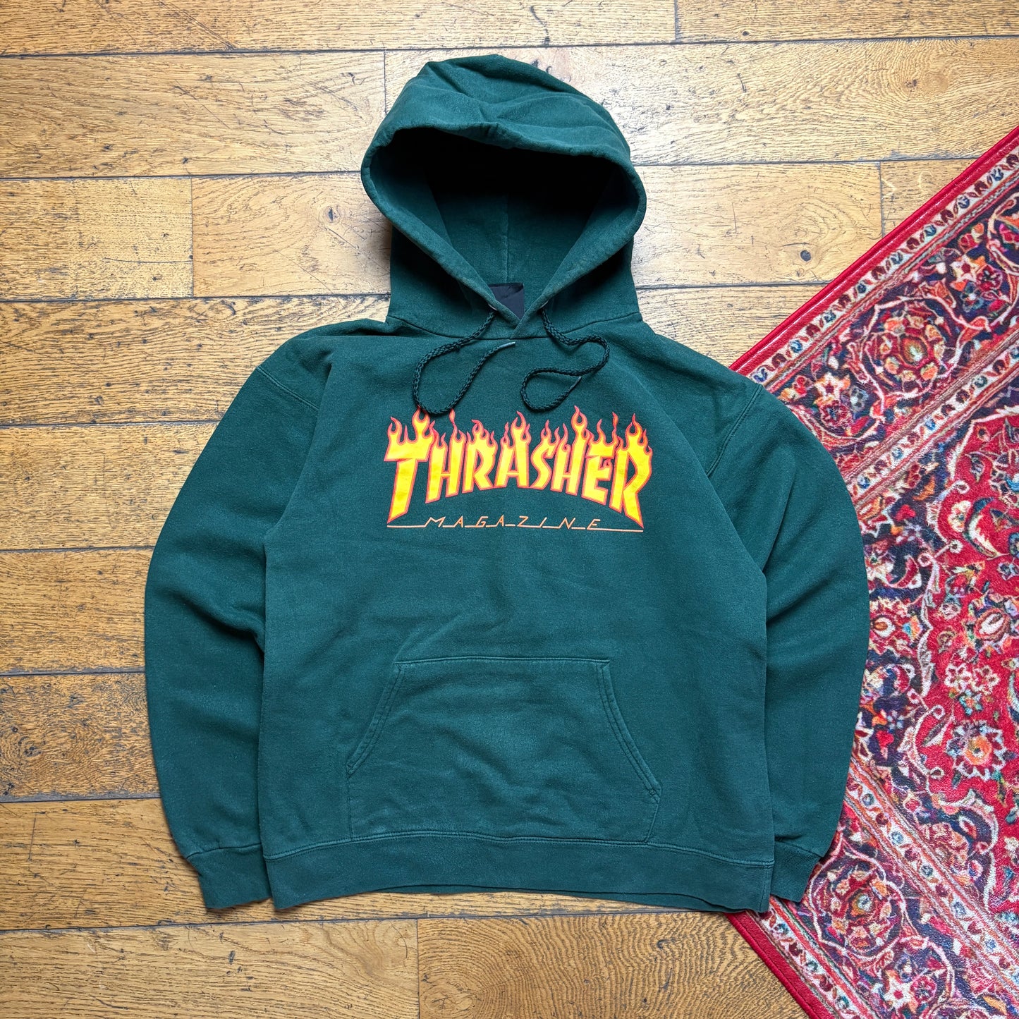 Vintage Thrasher Flames Green Hoodie Sweatshirt - S