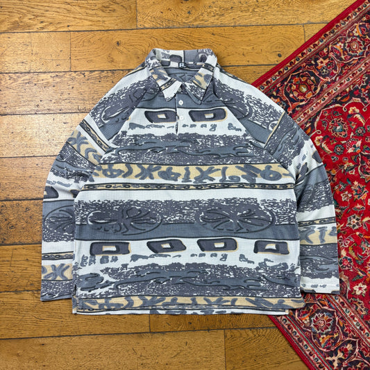 Vintage Pattern Grey White Rugby Polo Shirt - XL