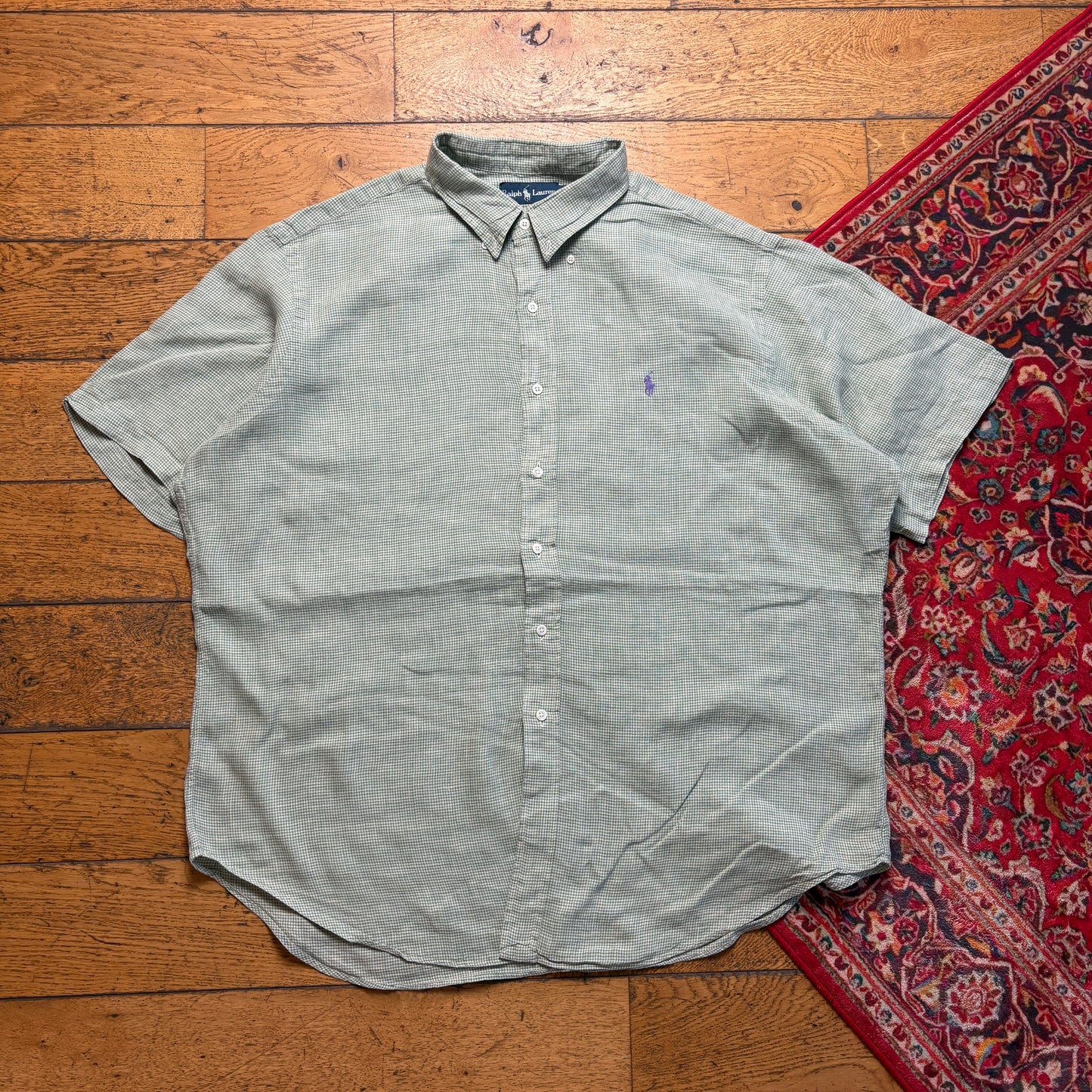 Vintage Ralph Lauren Green Check Short Sleeve Embroidered Shirt - 2XL