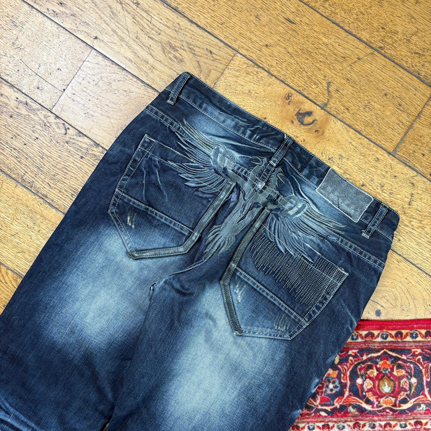 Vintage Blue Embroidered Y2K Hip Hop Baggy Jeans - 34