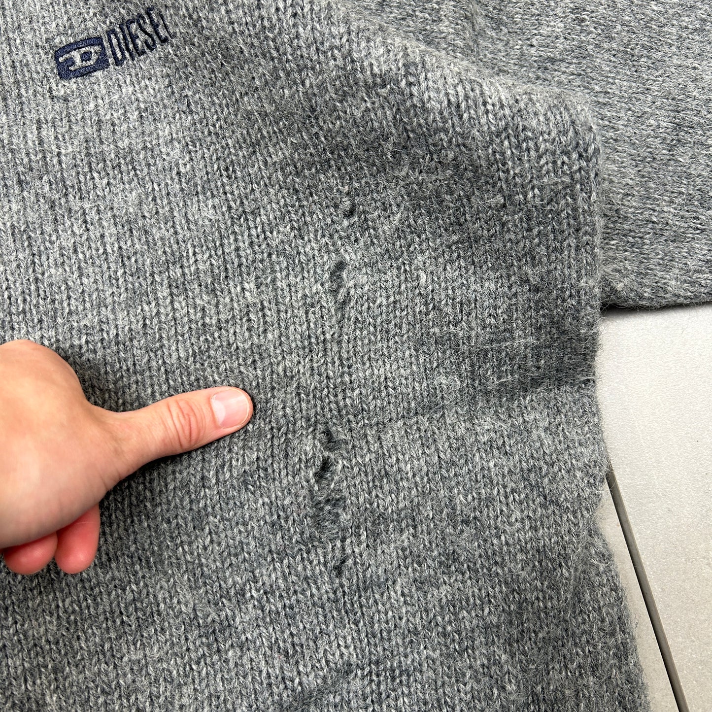 Vintage Diesel Grey Embroidered Chunky Knit Jumper - L