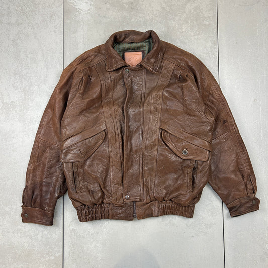 Vintage Aviator Pilot Flight Style Brown Genuine Leather Bomber Jacket - M