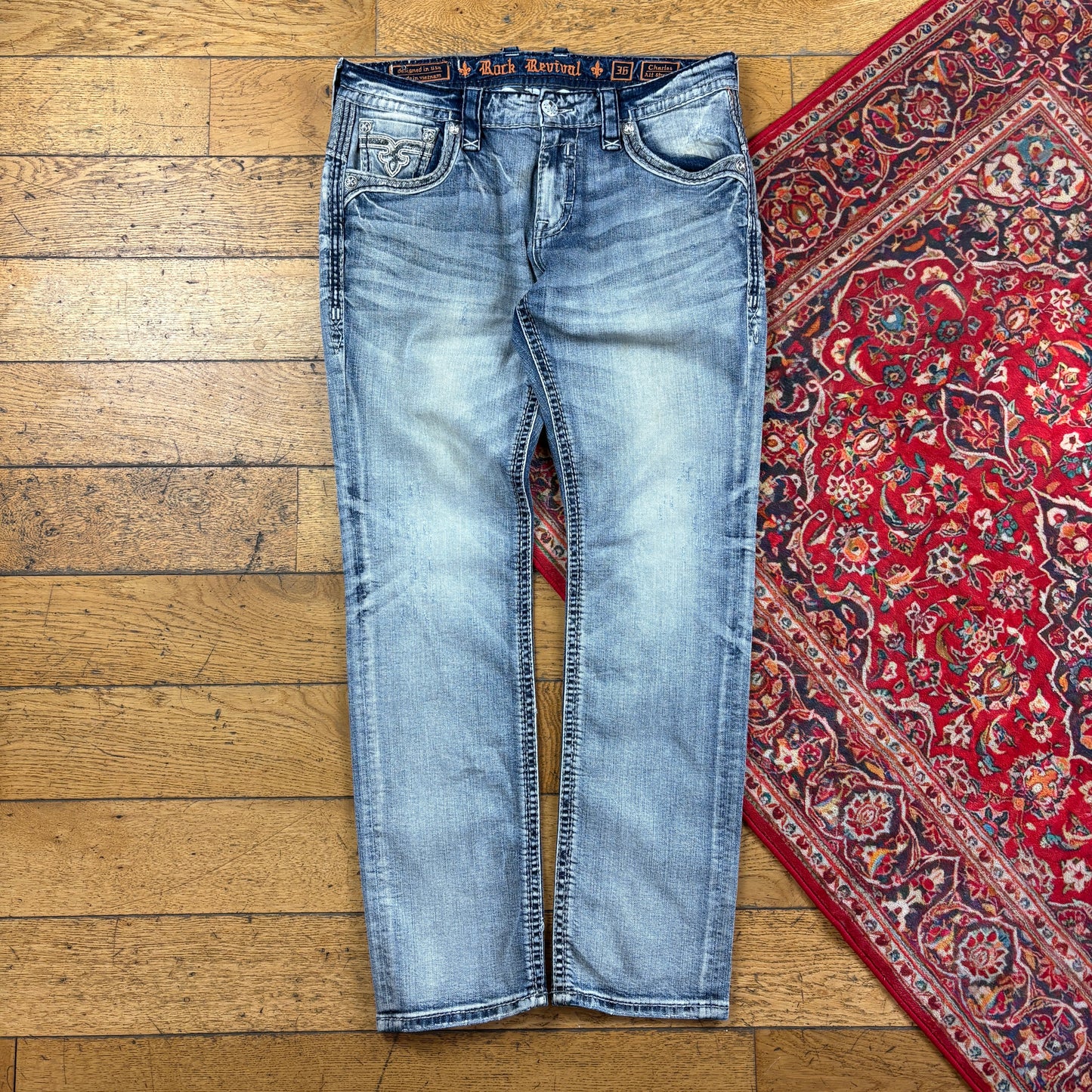 Vintage Rock Revival Blue Embroidered Y2K Hip Hop Straight Jeans - 38