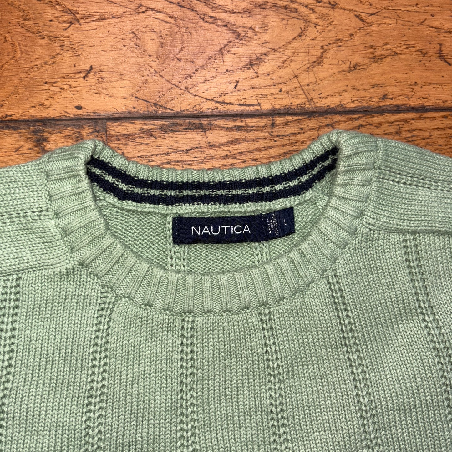 Vintage Nautica Light Green Cable Embroidered Knit Jumper - XL