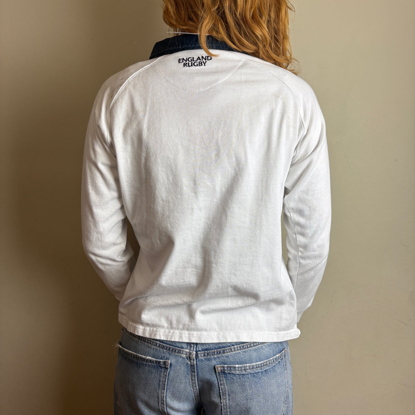 Vintage England White Womens Rugby Long Sleeve Polo Shirt - M