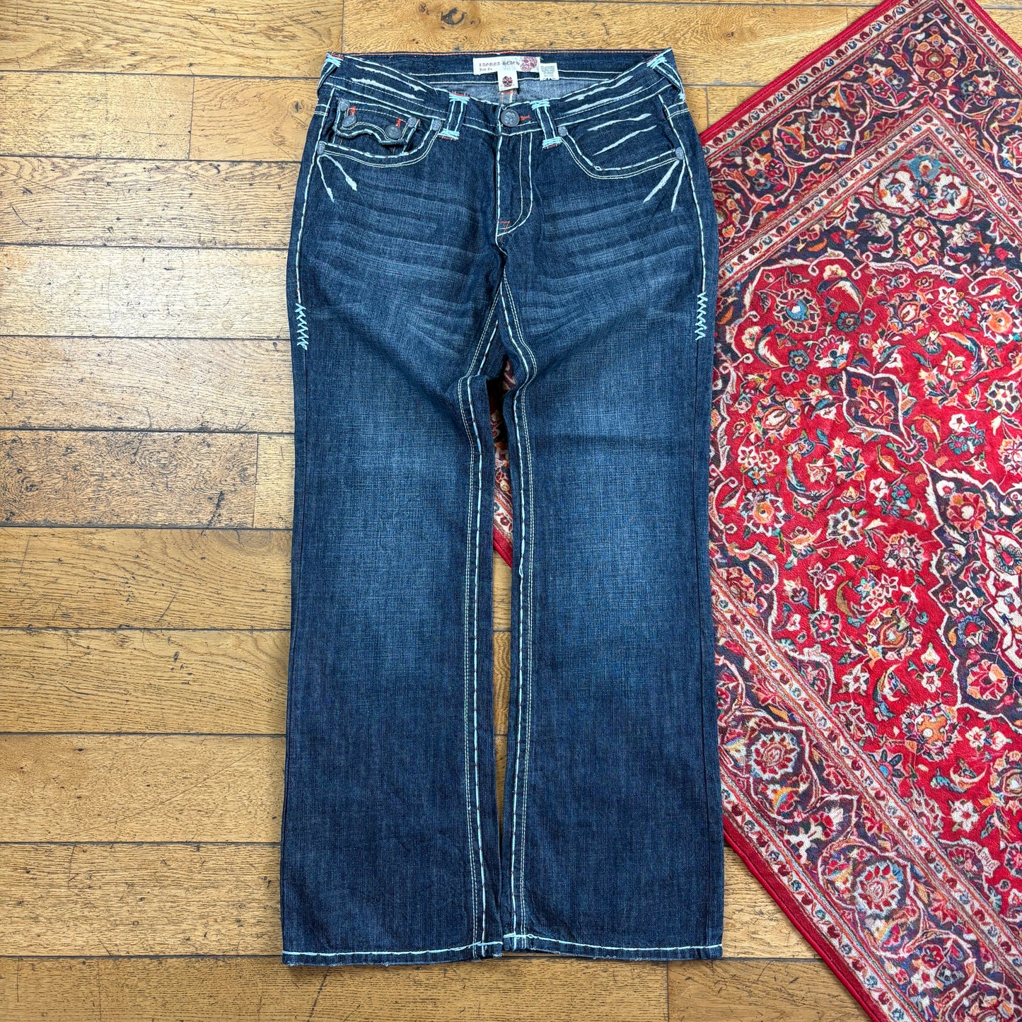 Vintage Laguna Beach Blue Embroidered Y2K Hip Hop Bootcut Jeans - 38