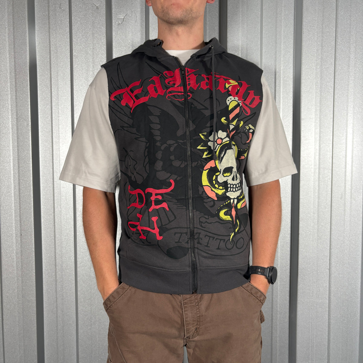 Ed Hardy Y2K Grey Hoodie Cut Off Gilet Vest Sweatshirt - S