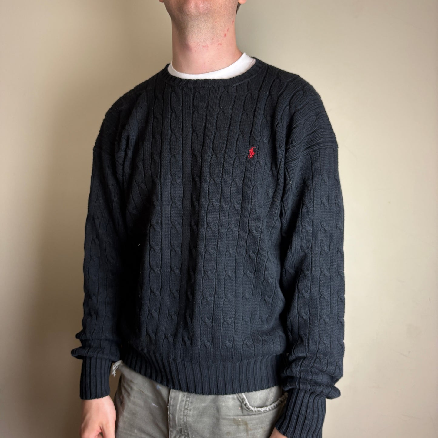 Vintage Ralph Lauren Black Crewneck Cable Chunky Knit Jumper - M