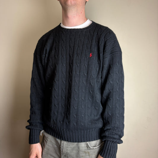Vintage Ralph Lauren Black Crewneck Cable Chunky Knit Jumper - M