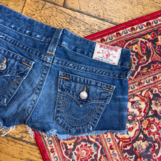Vintage True Religion Womens Blue Micro Embroidered Y2K Shorts Jorts - Size 10