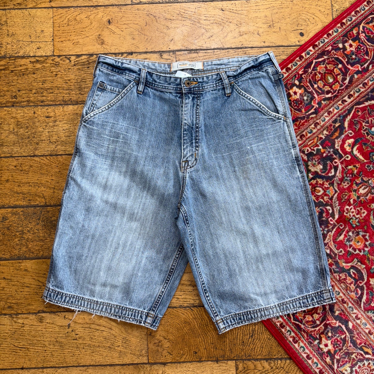 Vintage Urban Up Blue Embroidered Y2K Hip Hop Baggy Shorts Jorts - 34