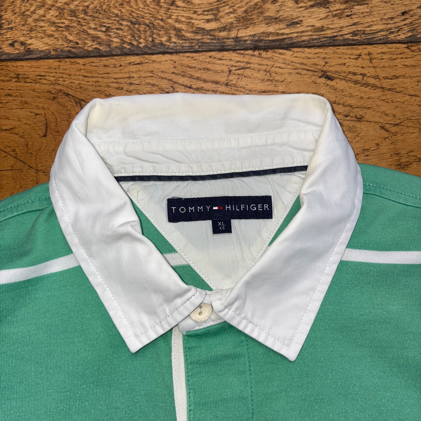 Vintage Tommy Hilfiger Green Stripe Rugby Polo Shirt - XL