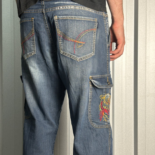 Embroidered Blue Tiger Cargo Japanese Denim Hip Hop Y2K Baggy Jeans - 36S