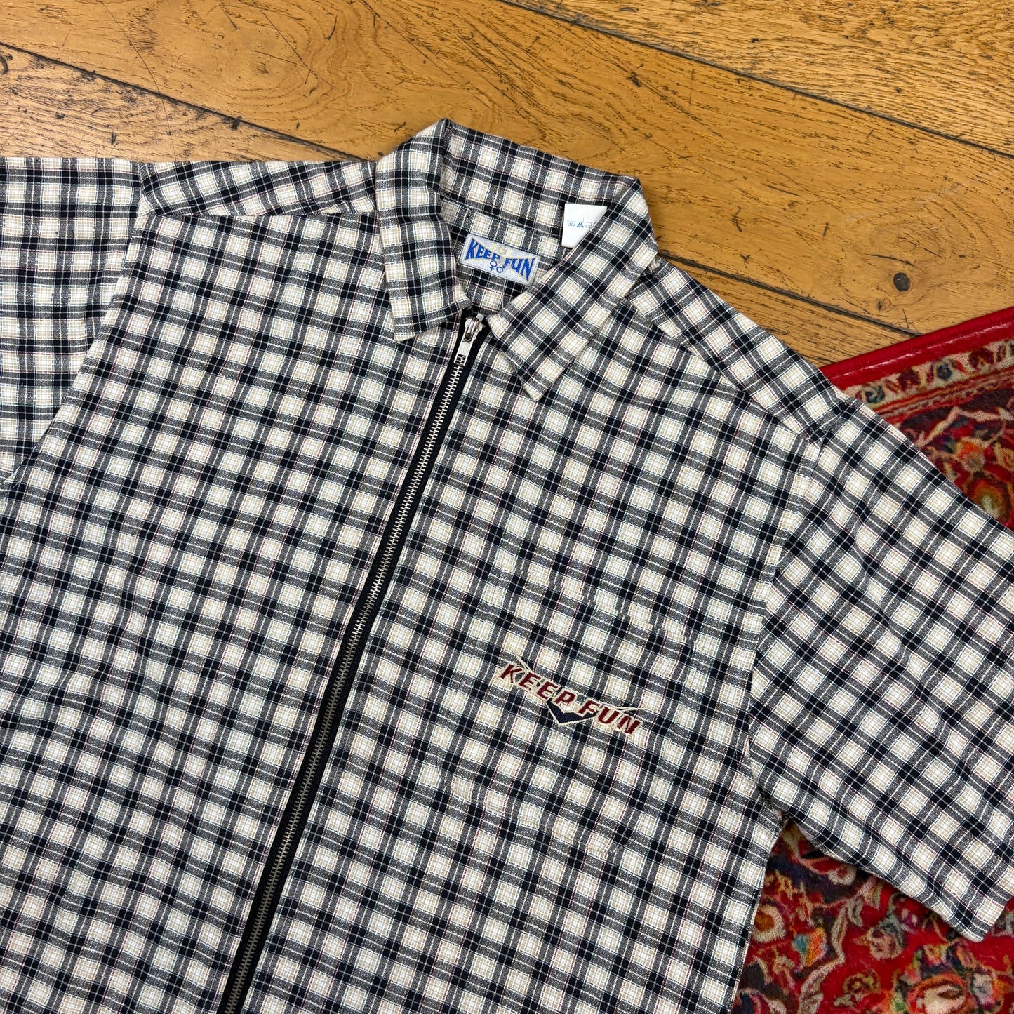 Vintage Keep Fun Cream Black Check Short Sleeve Zip Embroidered Shirt - S