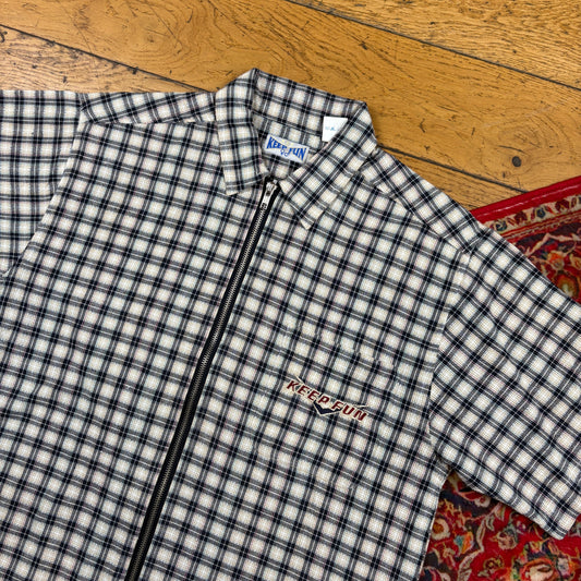 Vintage Keep Fun Cream Black Check Short Sleeve Zip Embroidered Shirt - S