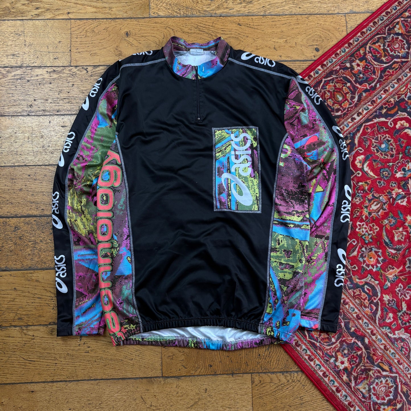 Vintage ASICs Black Sports Cycling Graphic T-Shirt - M