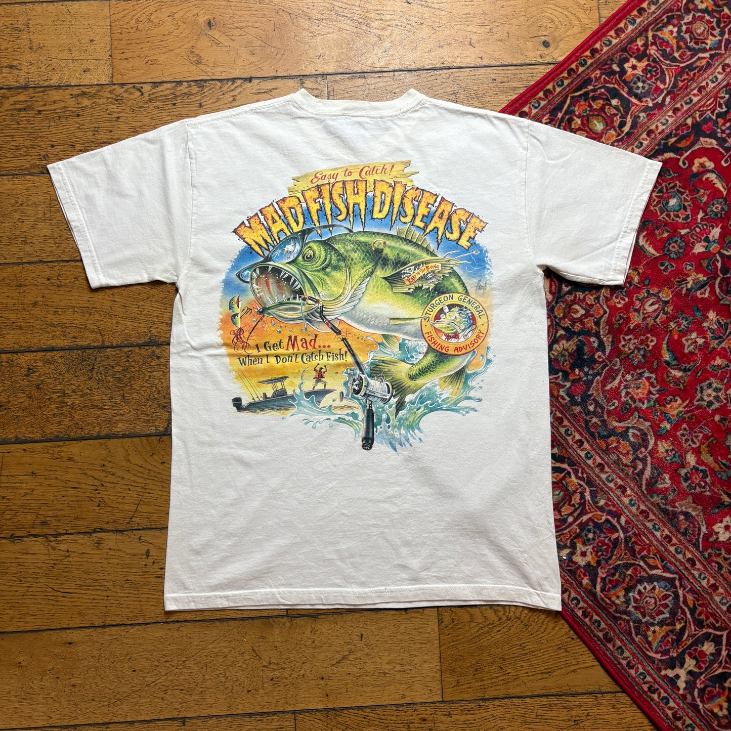 Vintage White Funny Fishing Graphic T-Shirt - S