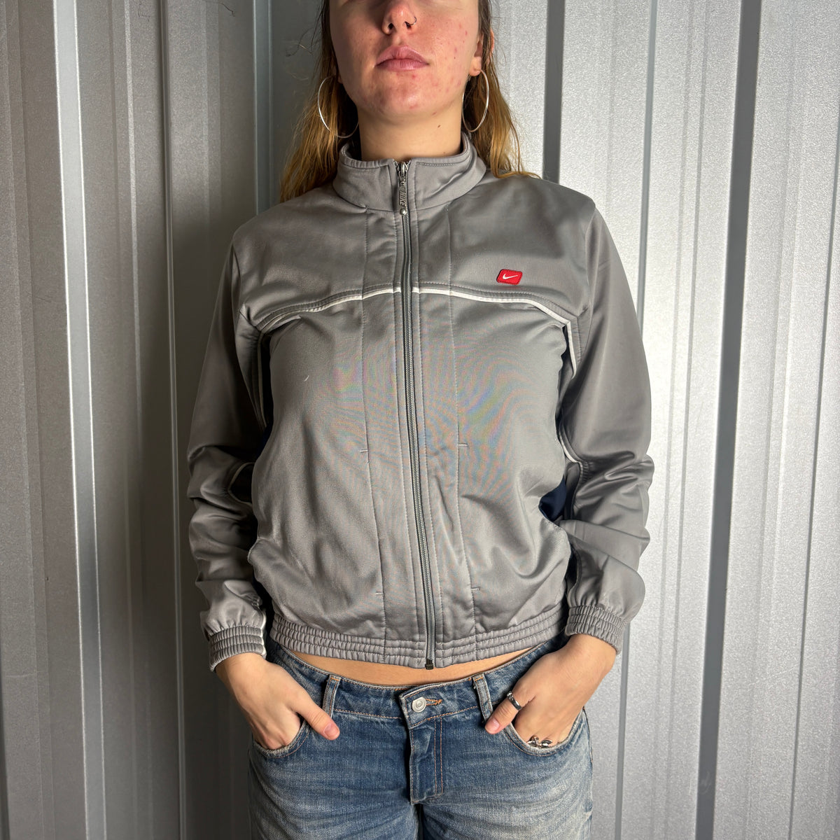 Nike 00s Y2K Grey Silver Tracksuit Track Shell Womens Windbreaker Jacket - L