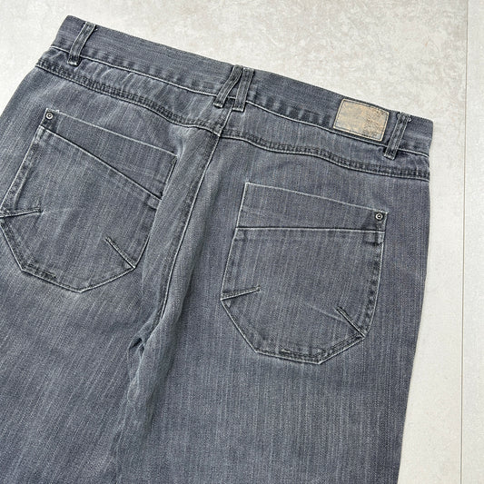 Vintage OWK Embroidered Hip Hop Grey Black Baggy Shorts Jorts - 36