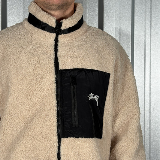 Stussy Cream Black Fleece Zip Jacket Jumper - XL