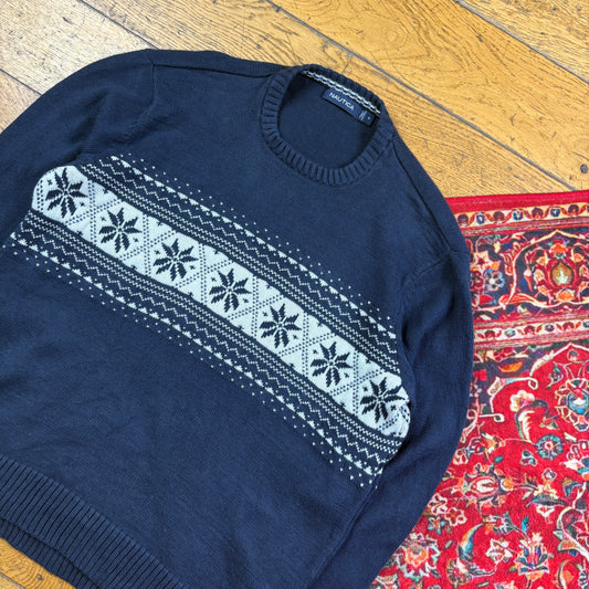 Vintage Nautica Navy Christmas Festive Pattern Knit Jumper - S