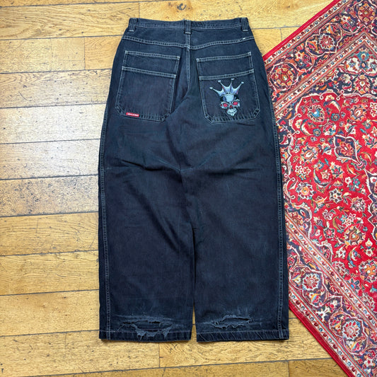 Vintage JNCO Tribal Skulls Black Embroidered Y2K Hip Hop Baggy Jeans - 34