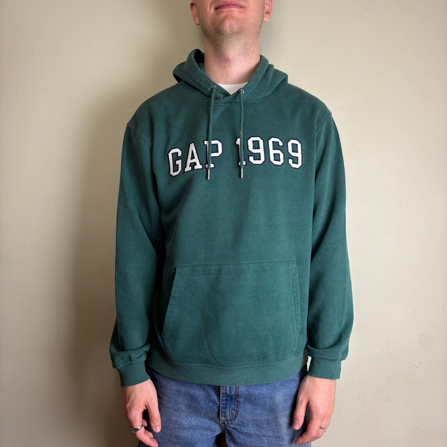 Vintage Gap Green Spellout Embroidered Hoodie Sweatshirt - L