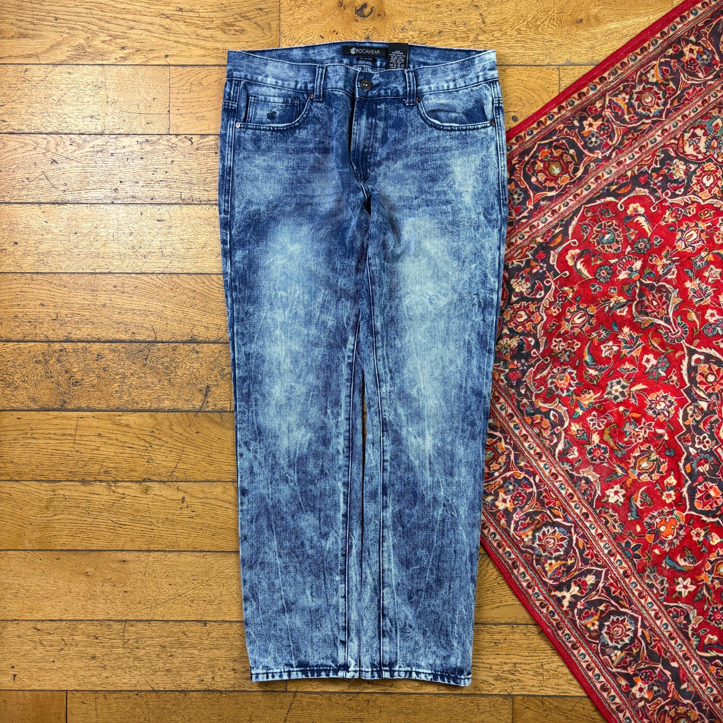 Vintage Rocawear Blue Acid Wash Embroidered Y2K Hip Hop Straight Jeans - 36