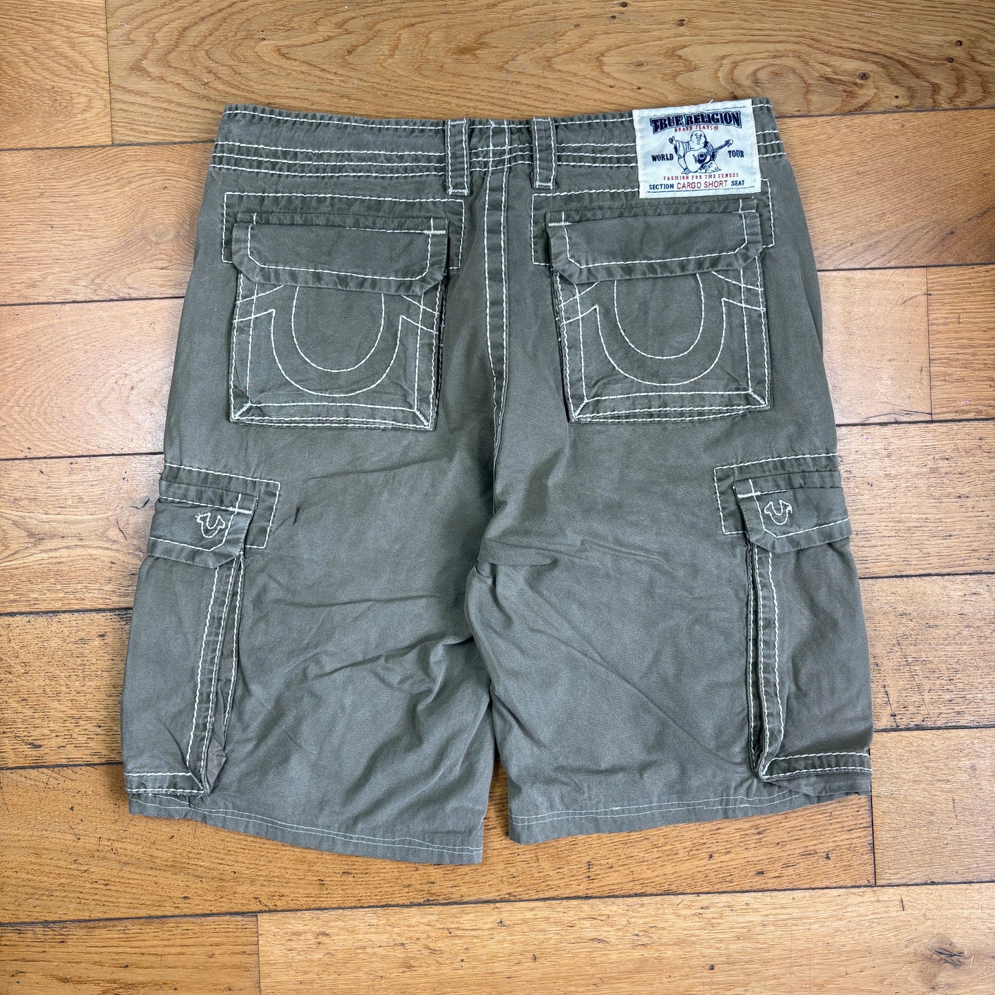 Vintage True Religion Embroidered Y2K Green Khaki Cargo Shorts - 36