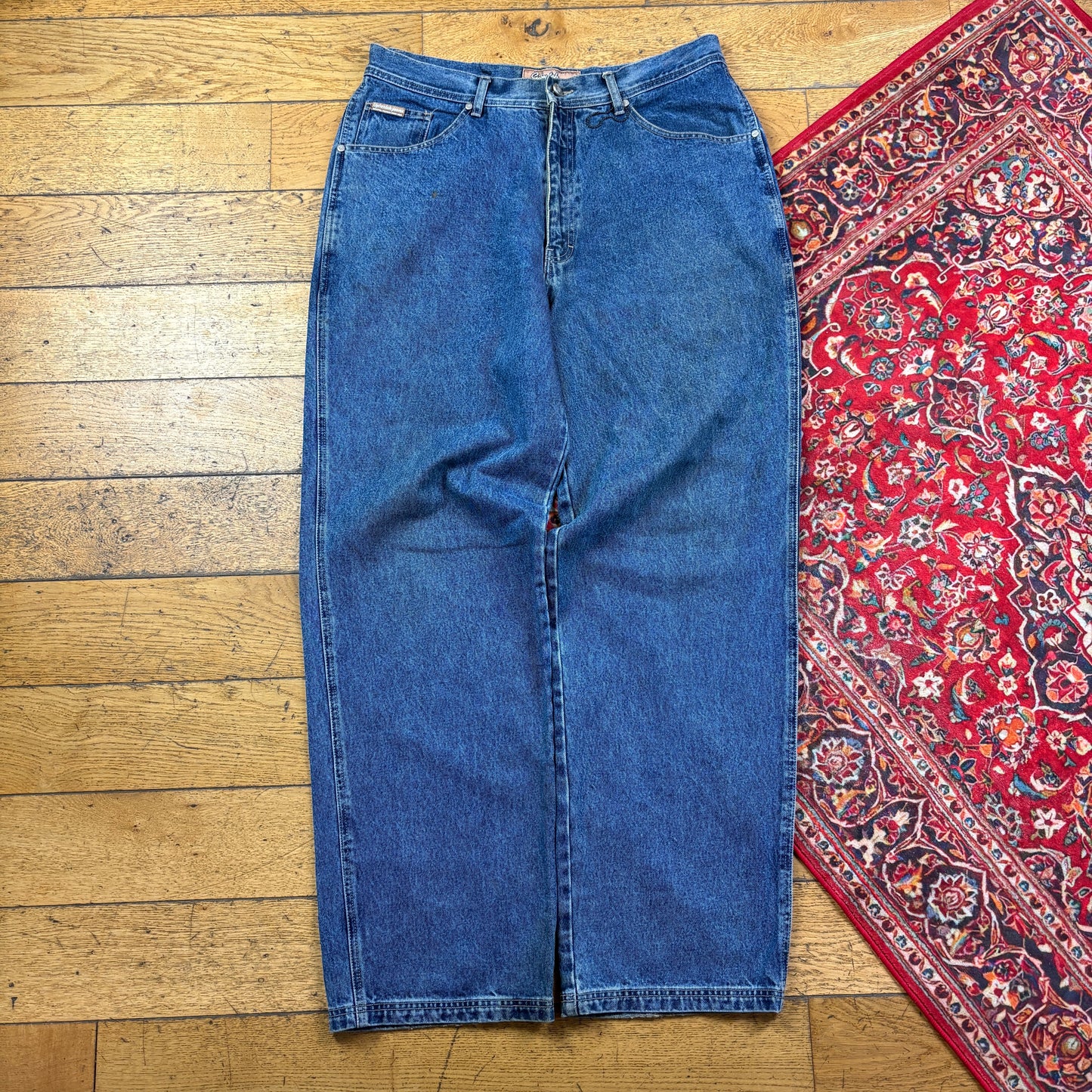 Vintage Blue Embroidered Y2K Hip Hop Baggy Jeans - 38