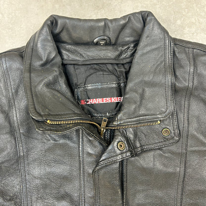 Vintage Custom Harley Davidson Biker Black Genuine Leather Bomber Jacket - L