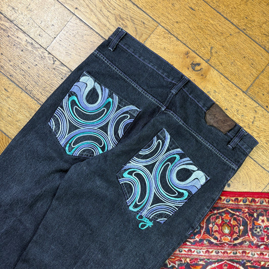 Vintage Coogi Black Embroidered Y2K Hip Hop Baggy Jeans - 38