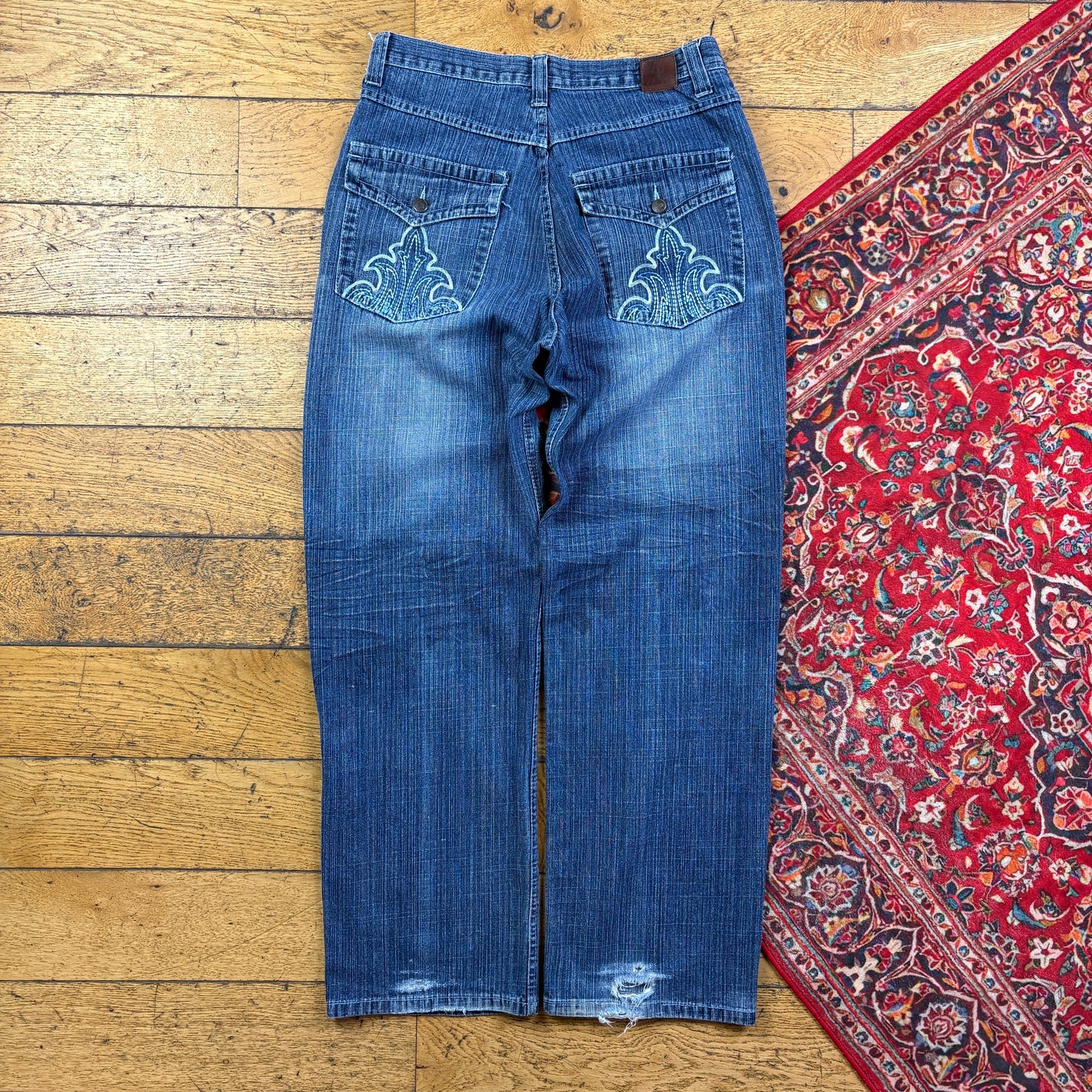 Vintage Blue Embroidered Y2K Hip Hop Baggy Jeans - 32
