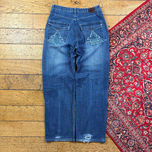 Vintage Blue Embroidered Y2K Hip Hop Baggy Jeans - 32