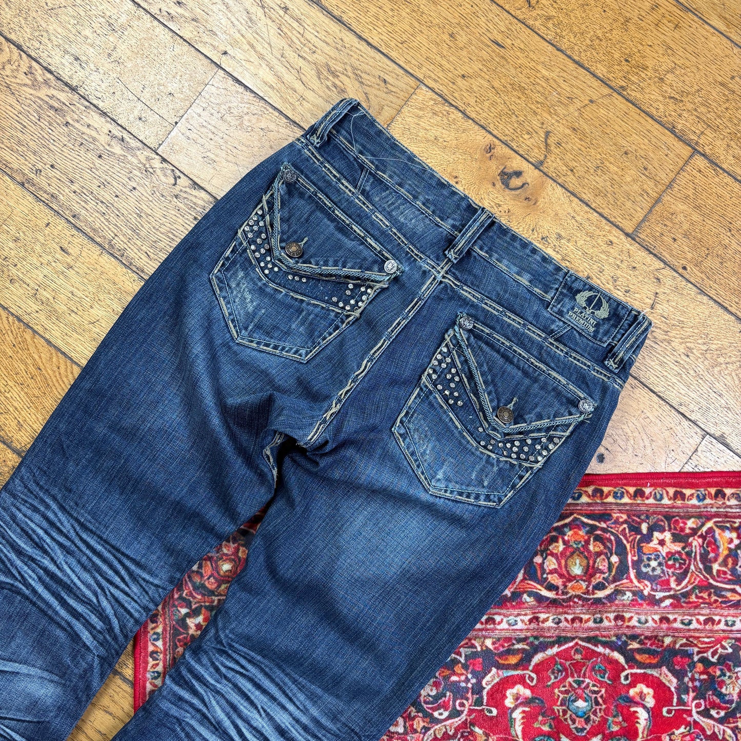 Vintage Blue Embroidered Y2K Hip Hop Baggy Jeans - 38