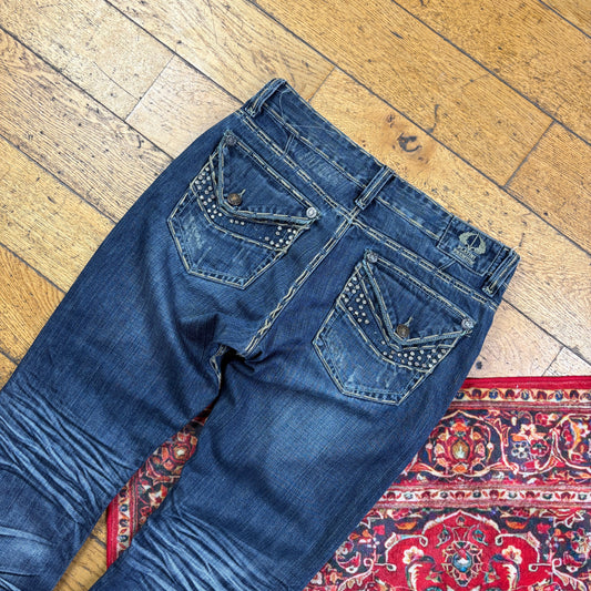 Vintage Blue Embroidered Y2K Hip Hop Baggy Jeans - 38