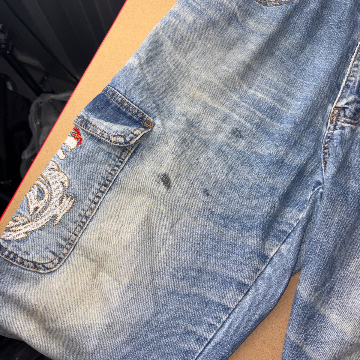 Embroidered Dragon Blue Cargo Japanese Denim Hip Hop Y2K Baggy Jeans - 34S